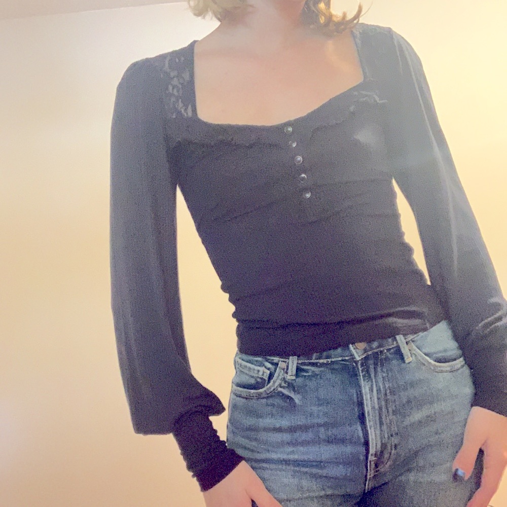 Free People Square neck blouse top with lace detail
